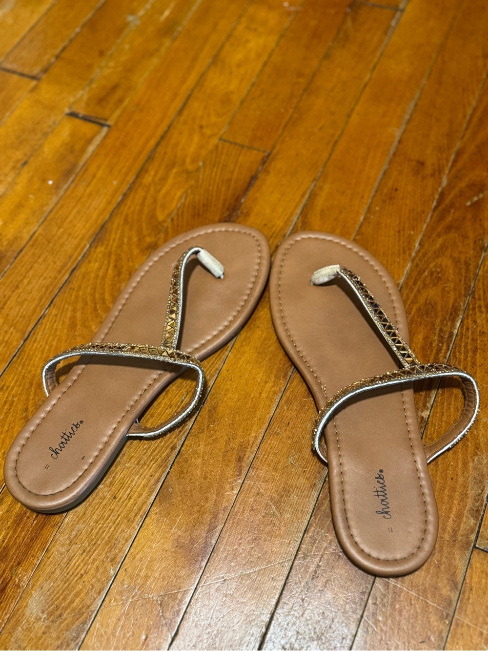 chatties Brown Thong Sandals with Gold Braided Straps